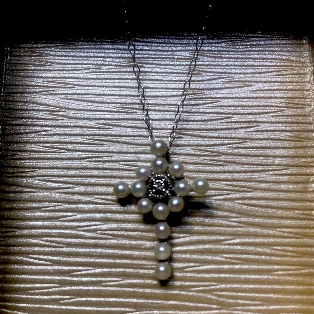 Pearl and Diamond Cross Necklace